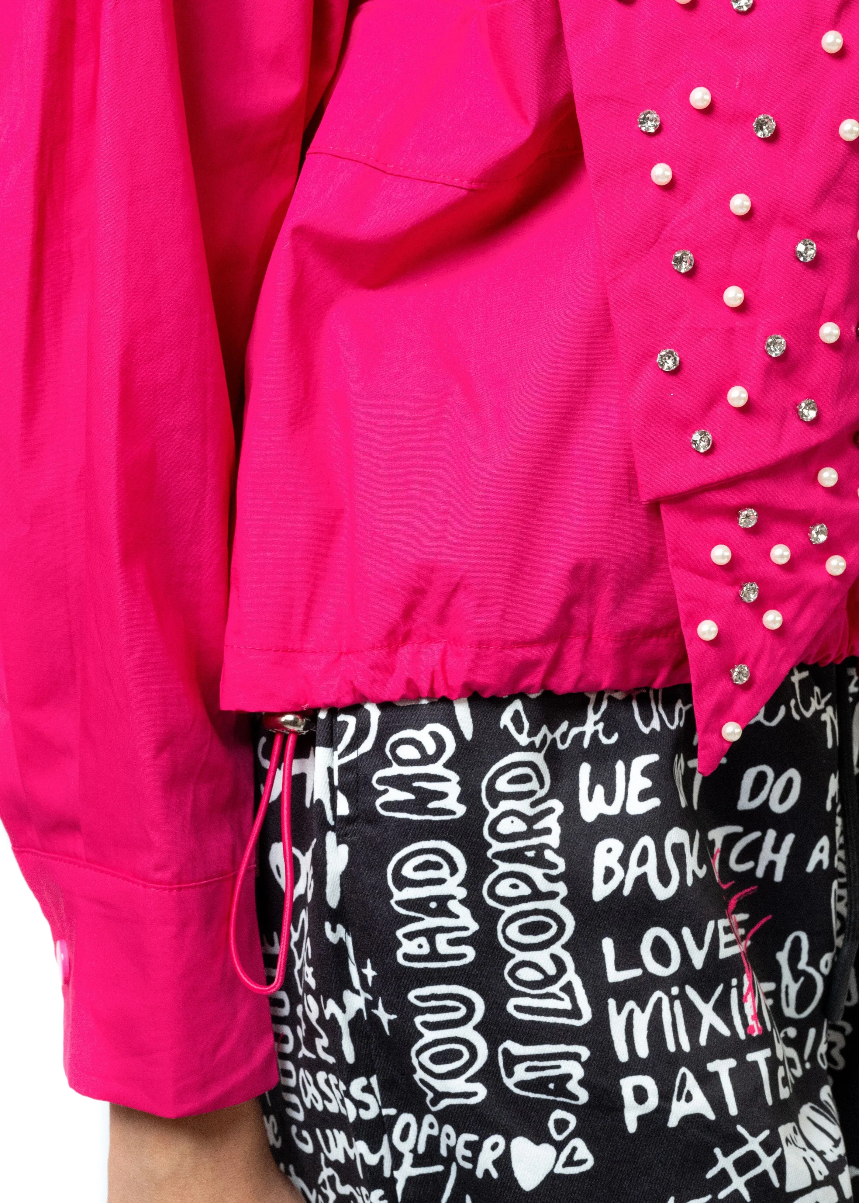 Studded Drawstring Hem Bow Blouse