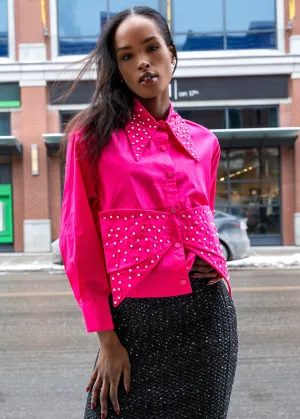 Studded Drawstring Hem Bow Blouse