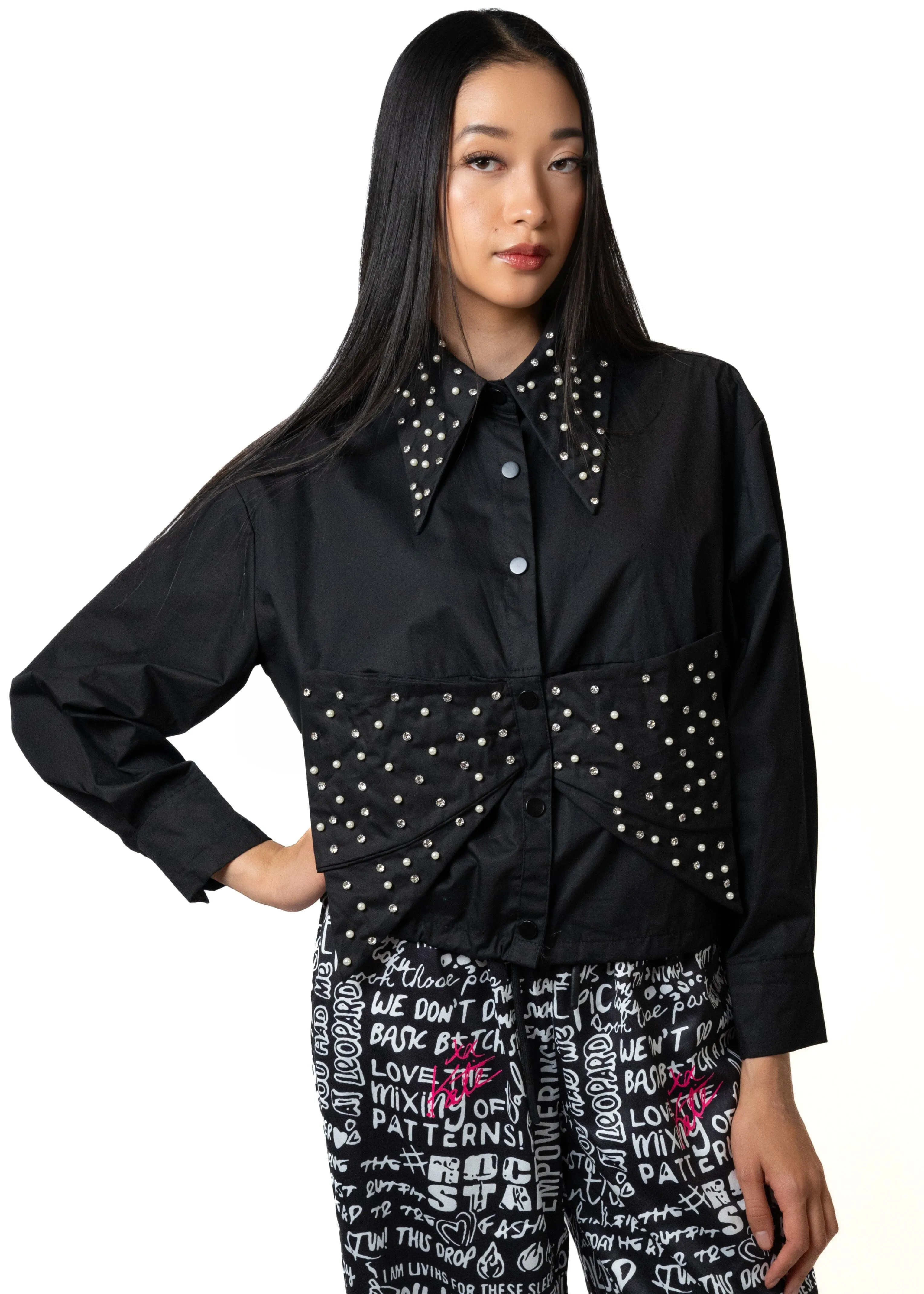 Studded Drawstring Hem Bow Blouse
