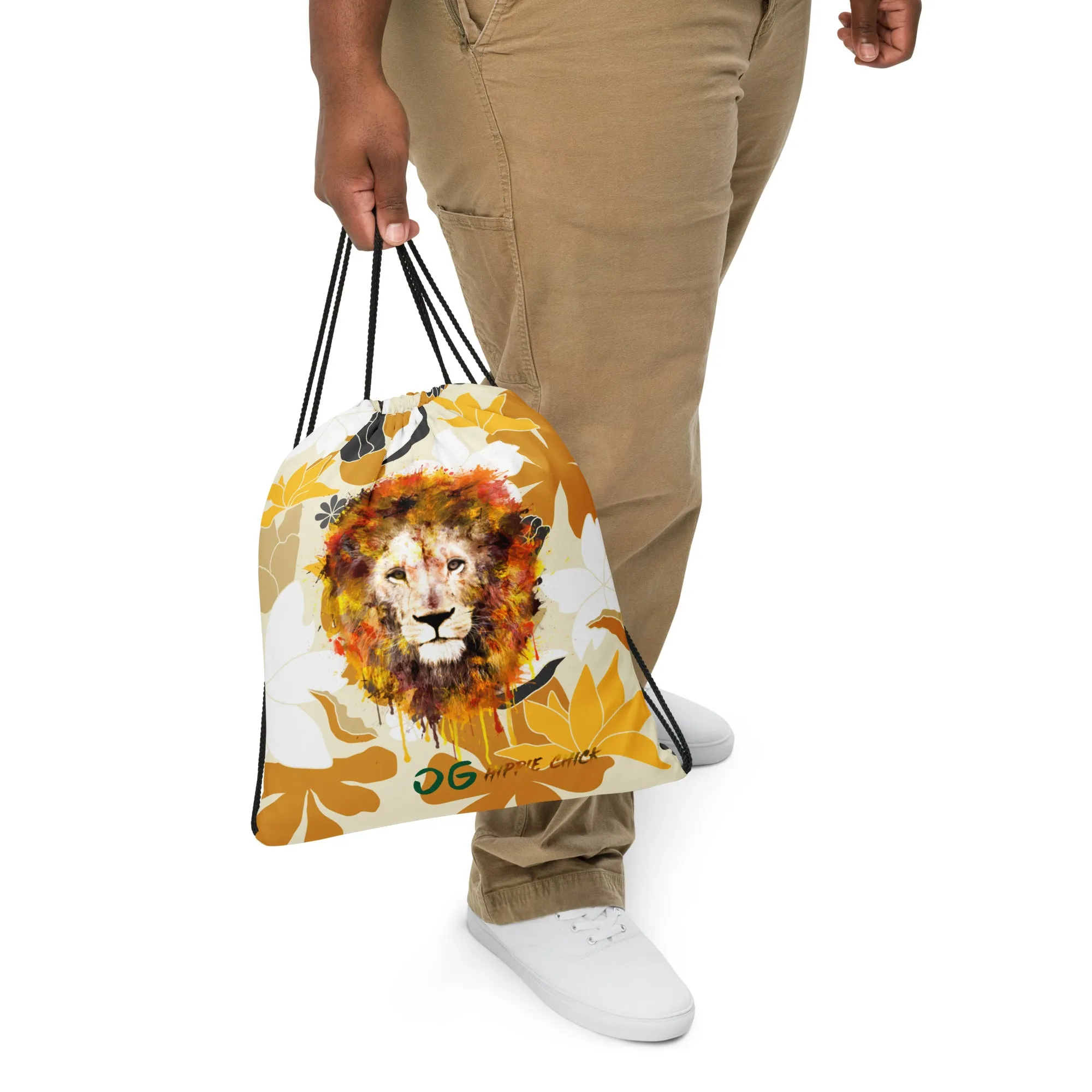Tan Flowers Drawstring Bag