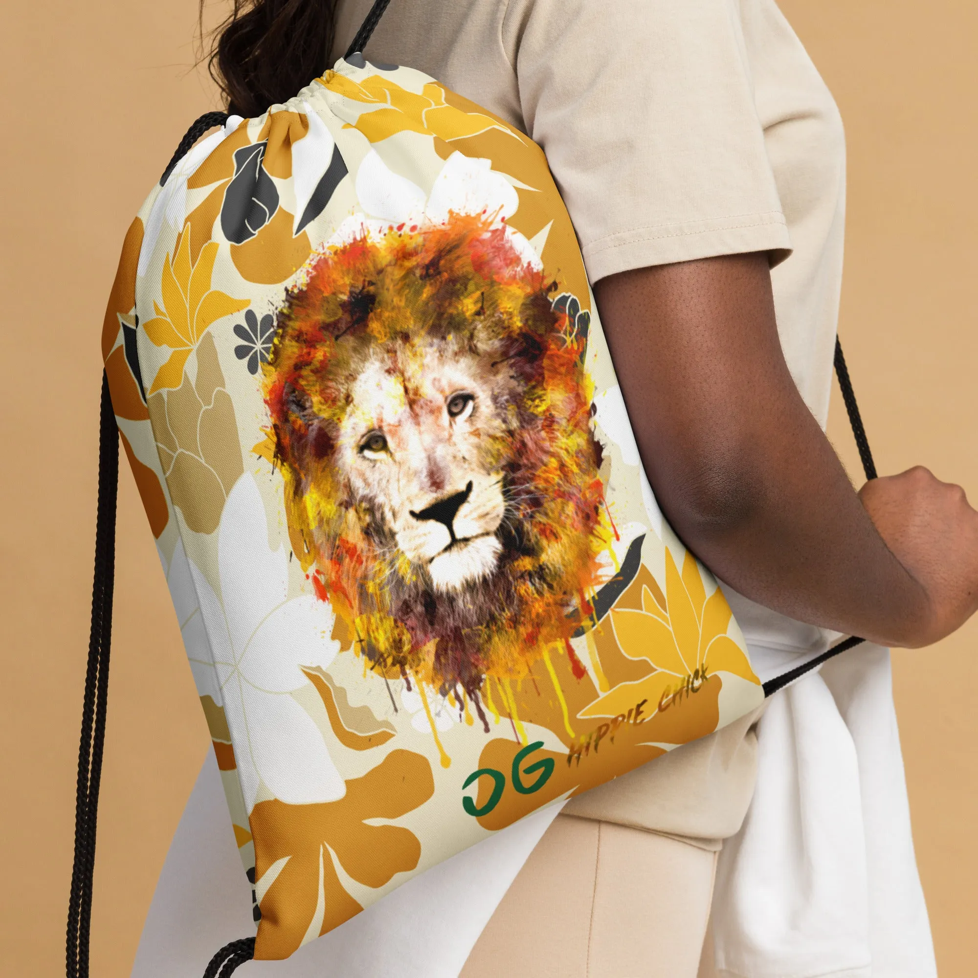 Tan Flowers Drawstring Bag