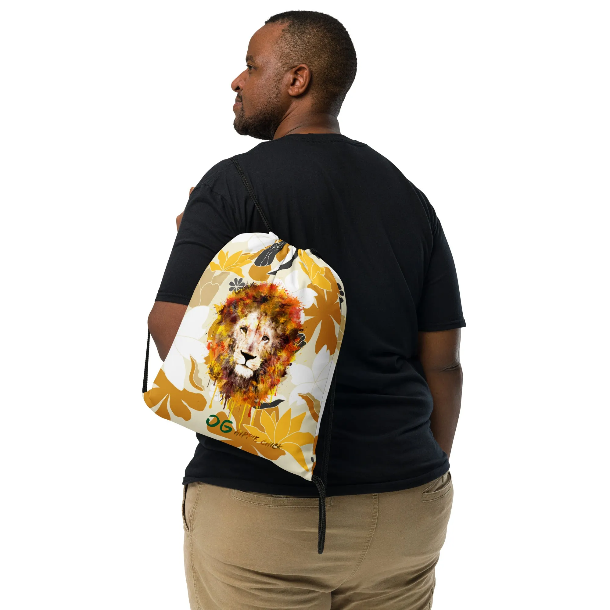 Tan Flowers Drawstring Bag