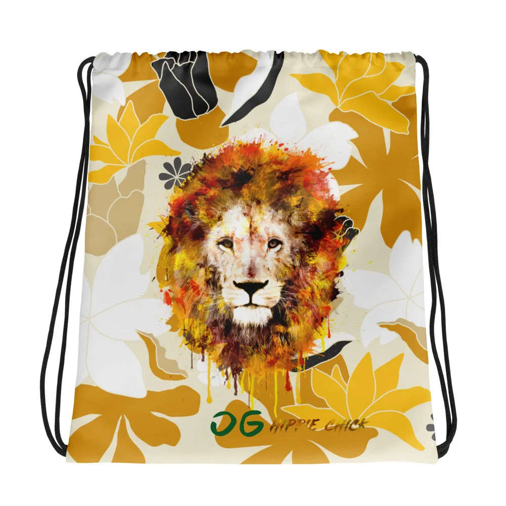 Tan Flowers Drawstring Bag