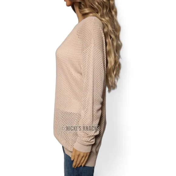 Theory Dreamerly Open Knit Mesh Cotton and Silk Blend Tan Sweater Top Size M
