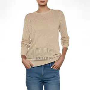 Theory Dreamerly Open Knit Mesh Cotton and Silk Blend Tan Sweater Top Size M