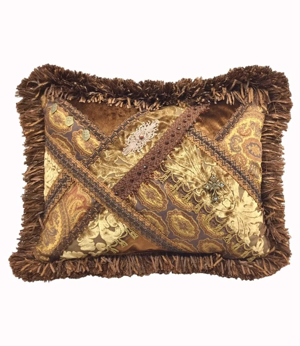 Throw Pillow Bronze/Gold Velvet Faux Silk Pieced Rectangle  18x13