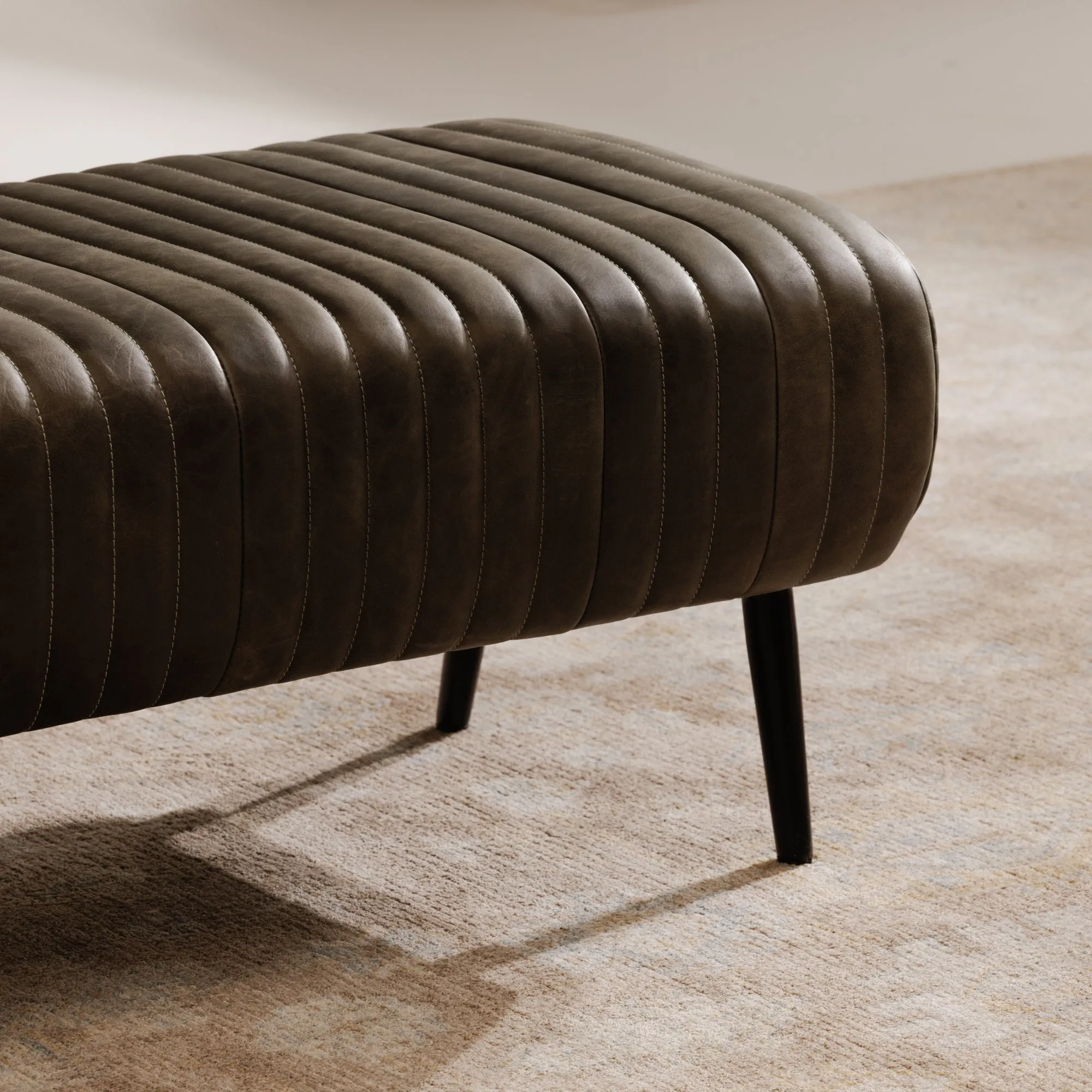 Timeless Ribbed Leather Bench with Brass Accents