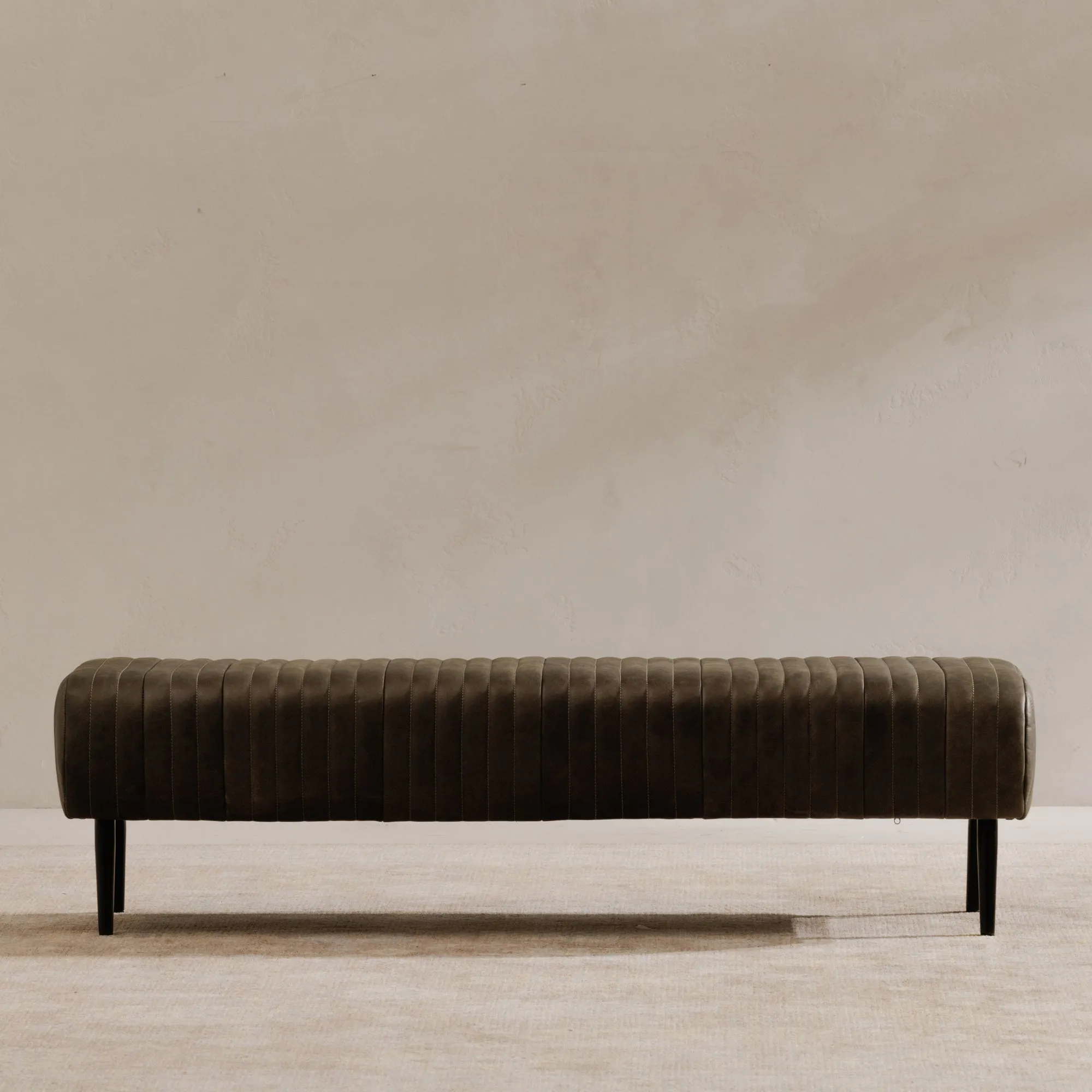 Timeless Ribbed Leather Bench with Brass Accents