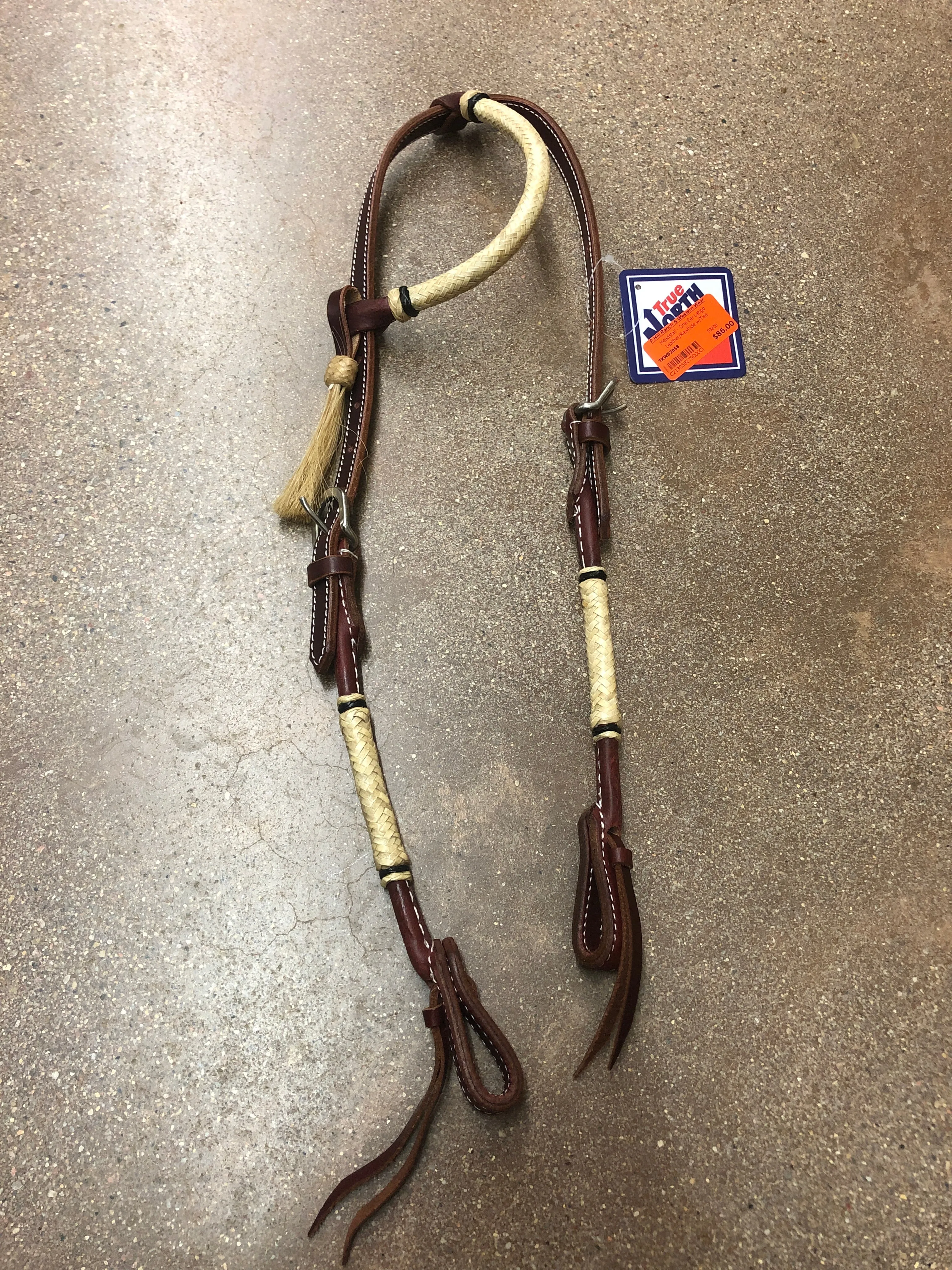TKWB3058 Headstall - One Ear Latigo Leather/Rawhide w/Ties