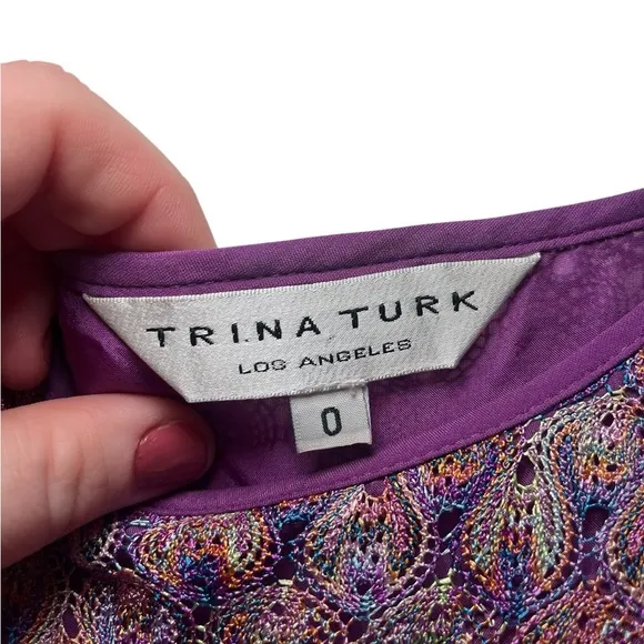 Trina Turk Serpentine Lace Fortuna Crochet Purple Silk Lined Dress