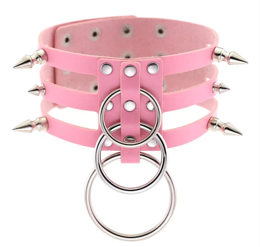 Triple Strap Pink Silver O ring Choker