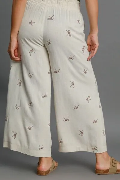 Umgee Full Size Lace Drawstring Embroidered Bow Wide Leg Pants Plus Size