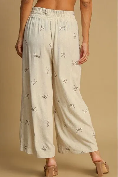 Umgee Full Size Lace Drawstring Embroidered Bow Wide Leg Pants Plus Size