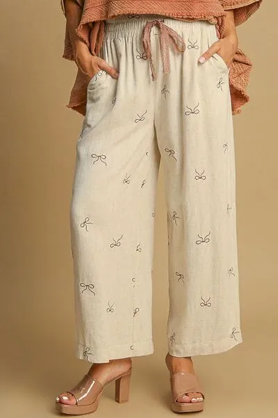 Umgee Full Size Lace Drawstring Embroidered Bow Wide Leg Pants Plus Size