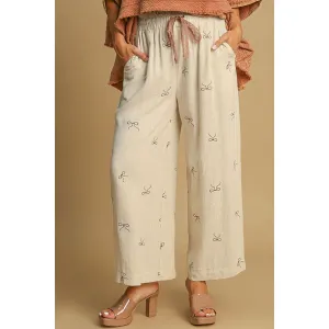 Umgee  Lace Drawstring Embroidered Bow Wide Leg Pants-Beige