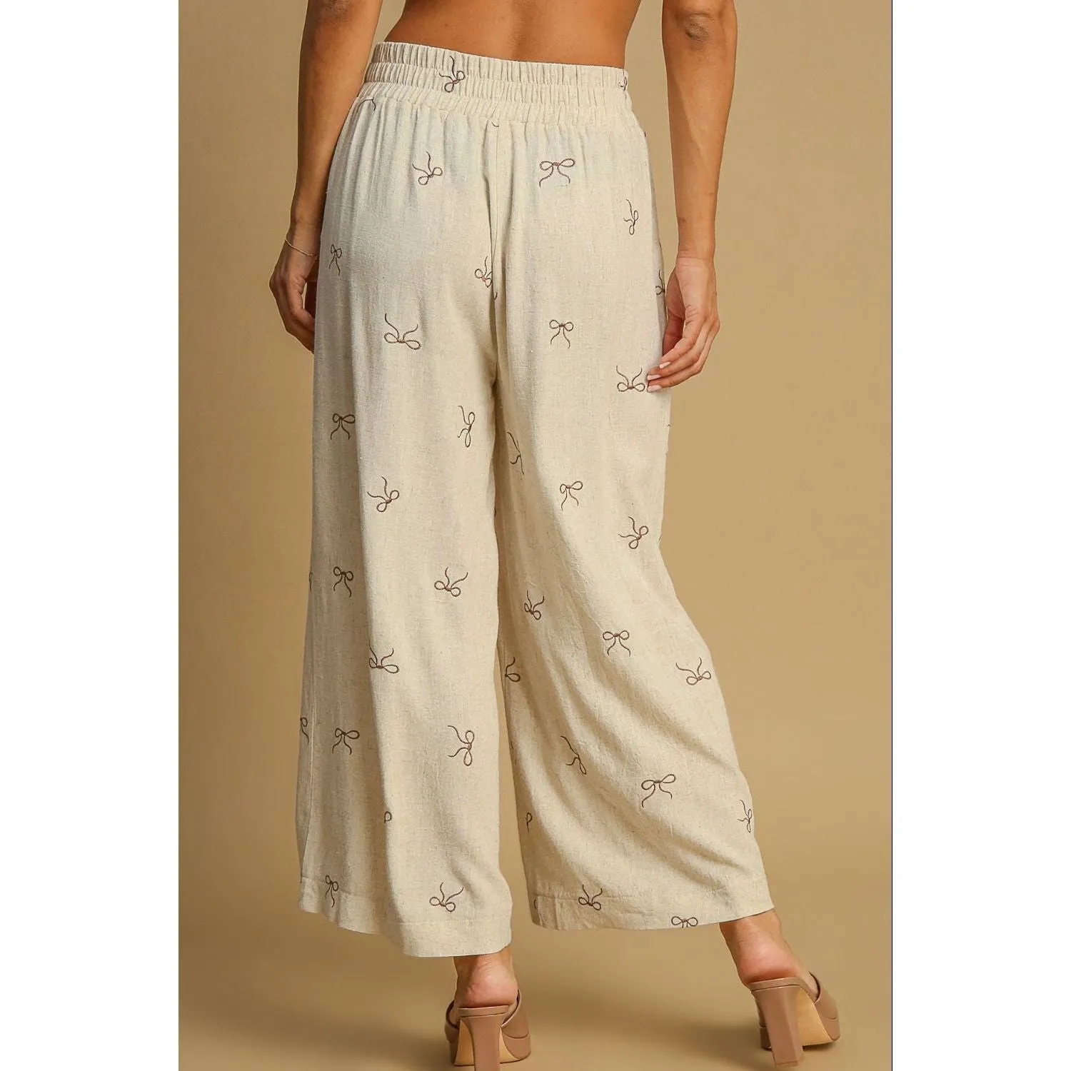 Umgee  Lace Drawstring Embroidered Bow Wide Leg Pants-Beige