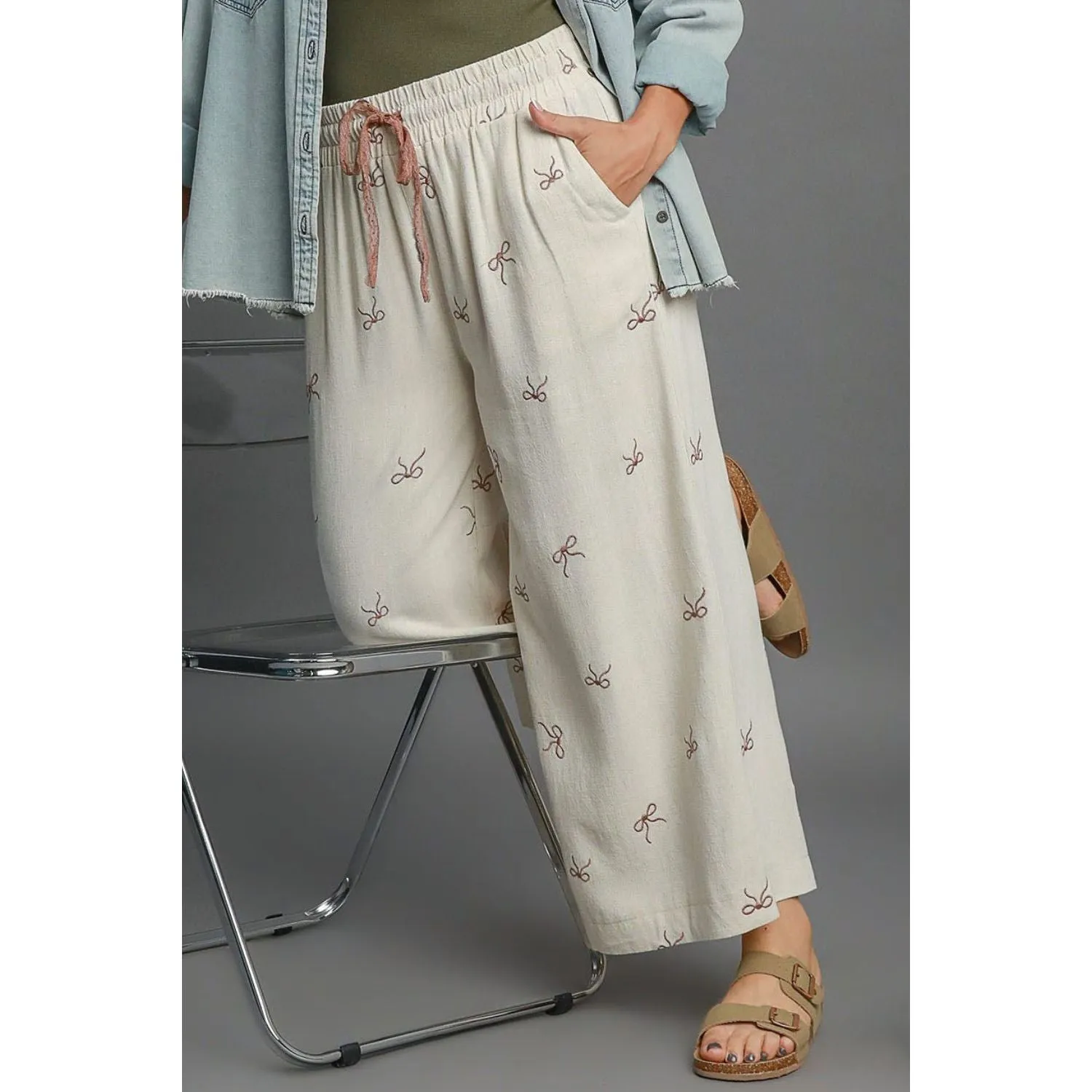 Umgee  Lace Drawstring Embroidered Bow Wide Leg Pants-Beige