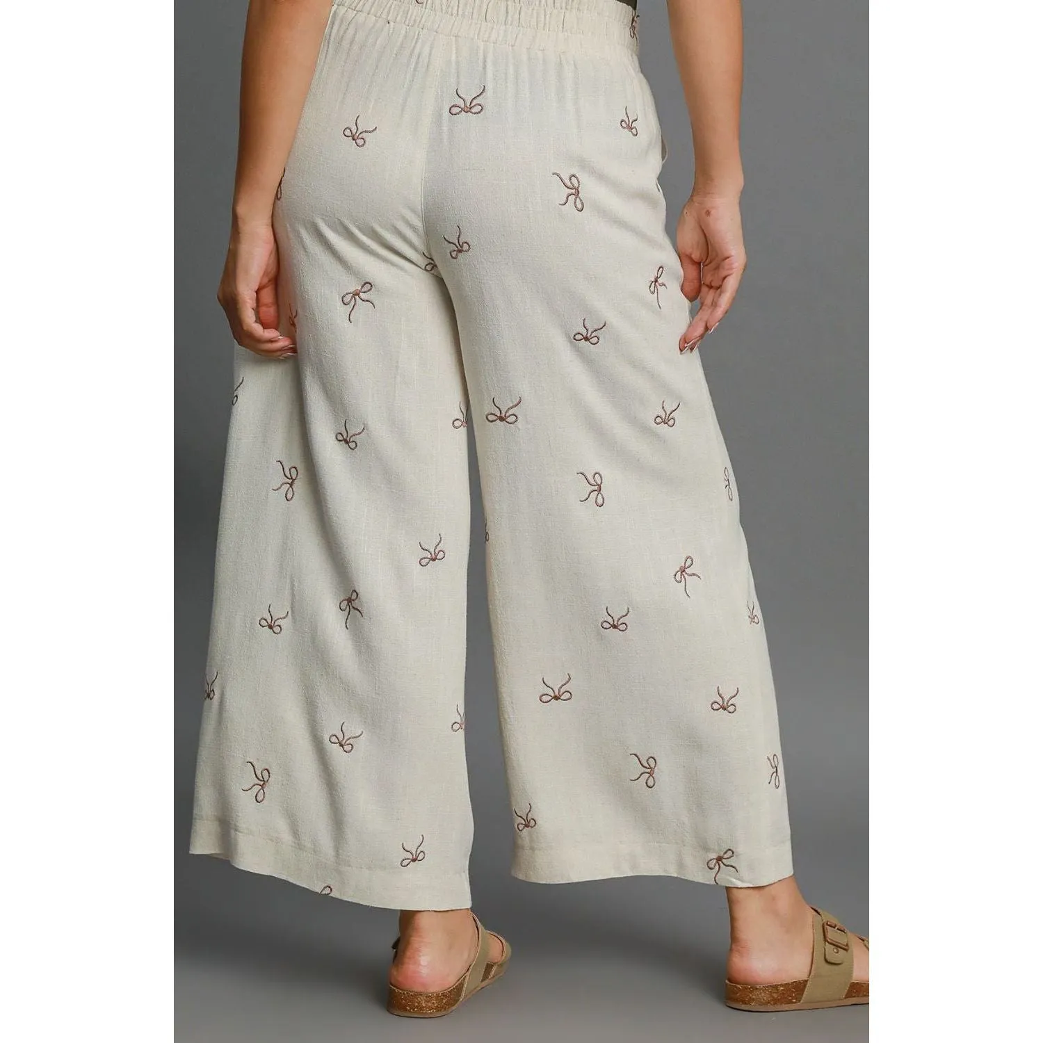 Umgee  Lace Drawstring Embroidered Bow Wide Leg Pants-Beige