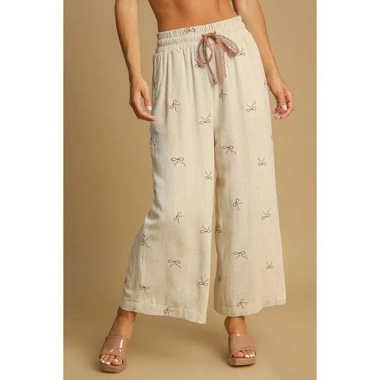 Umgee  Lace Drawstring Embroidered Bow Wide Leg Pants-Beige