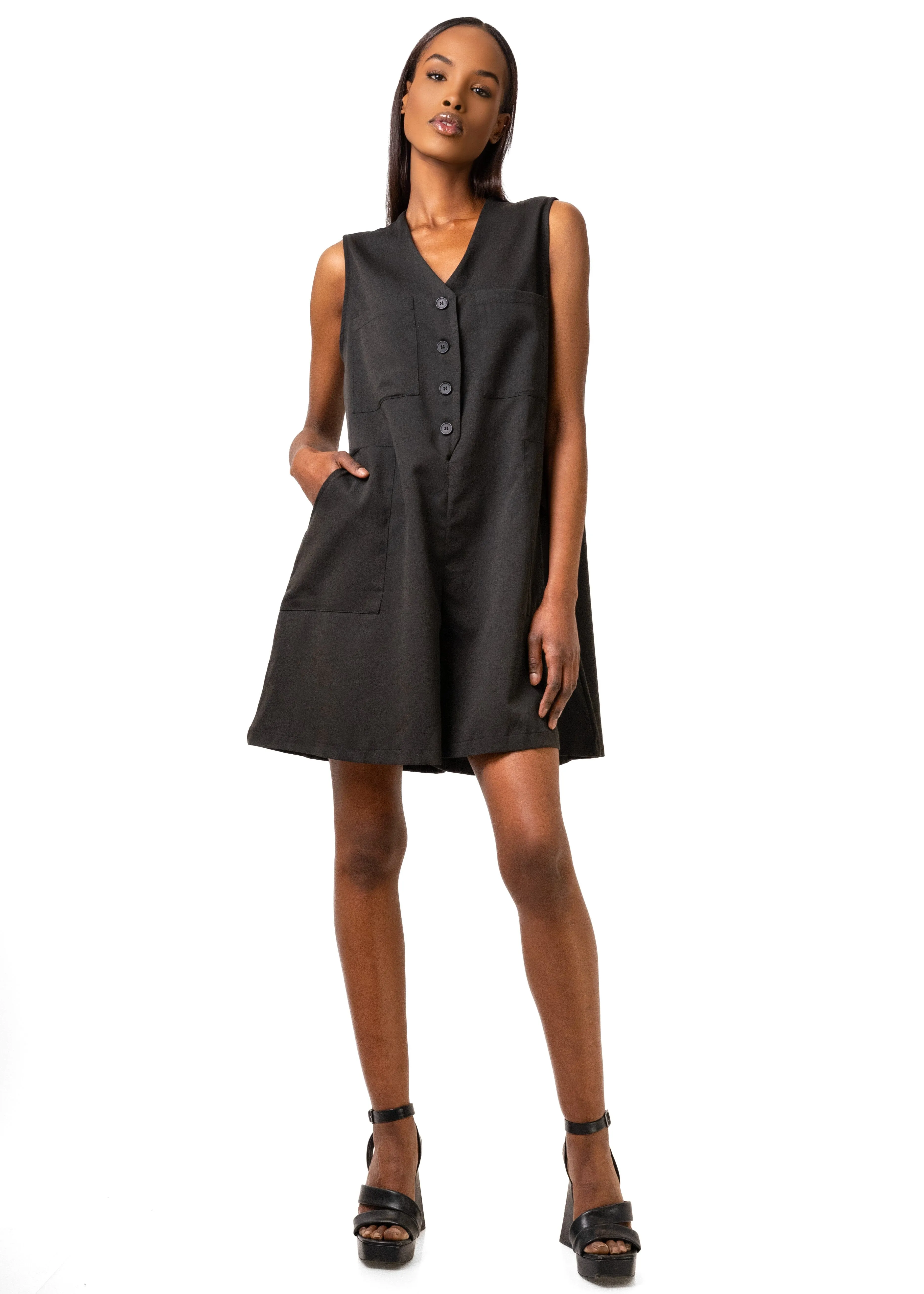 V-Neck Buttoned Romper