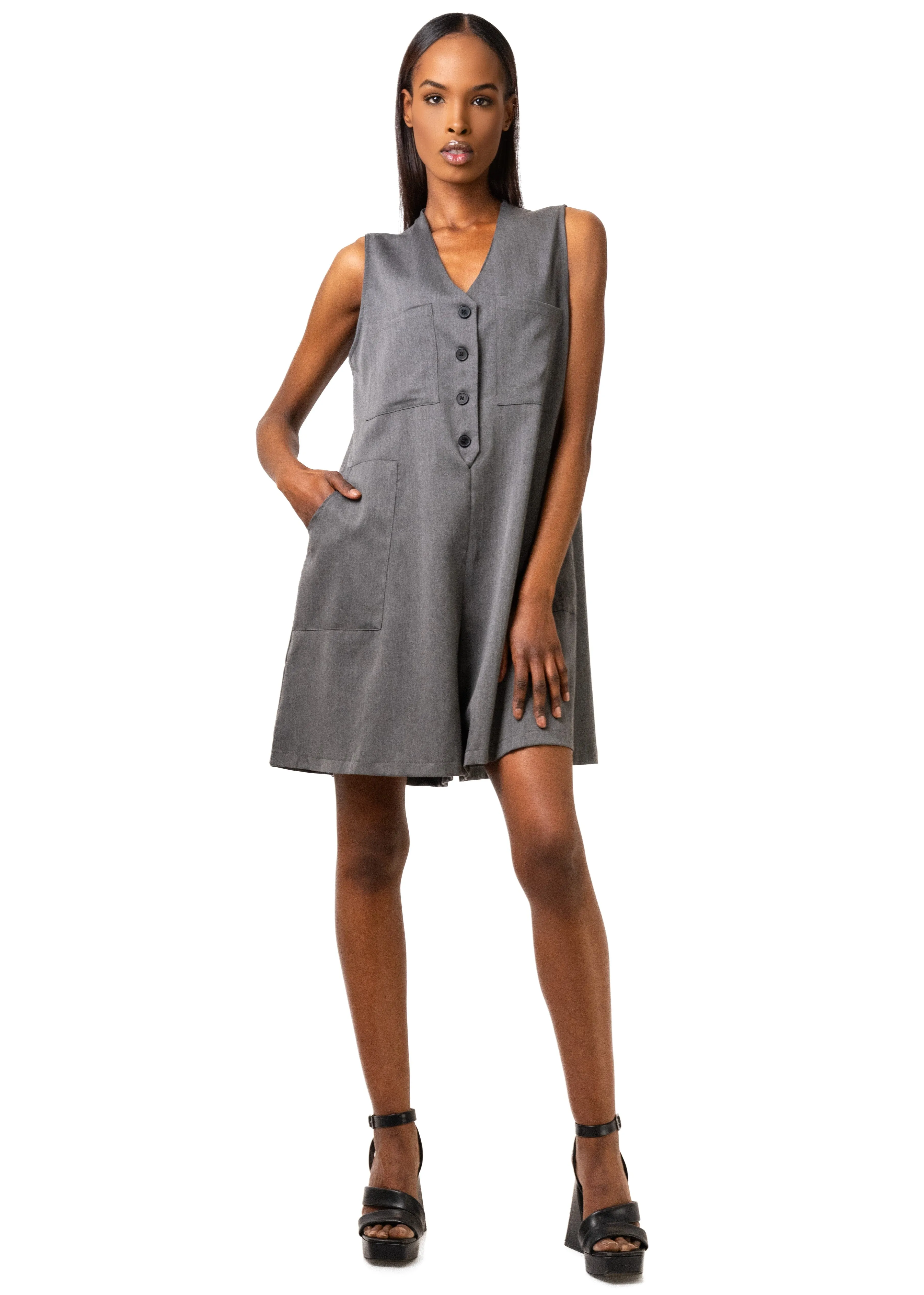 V-Neck Buttoned Romper