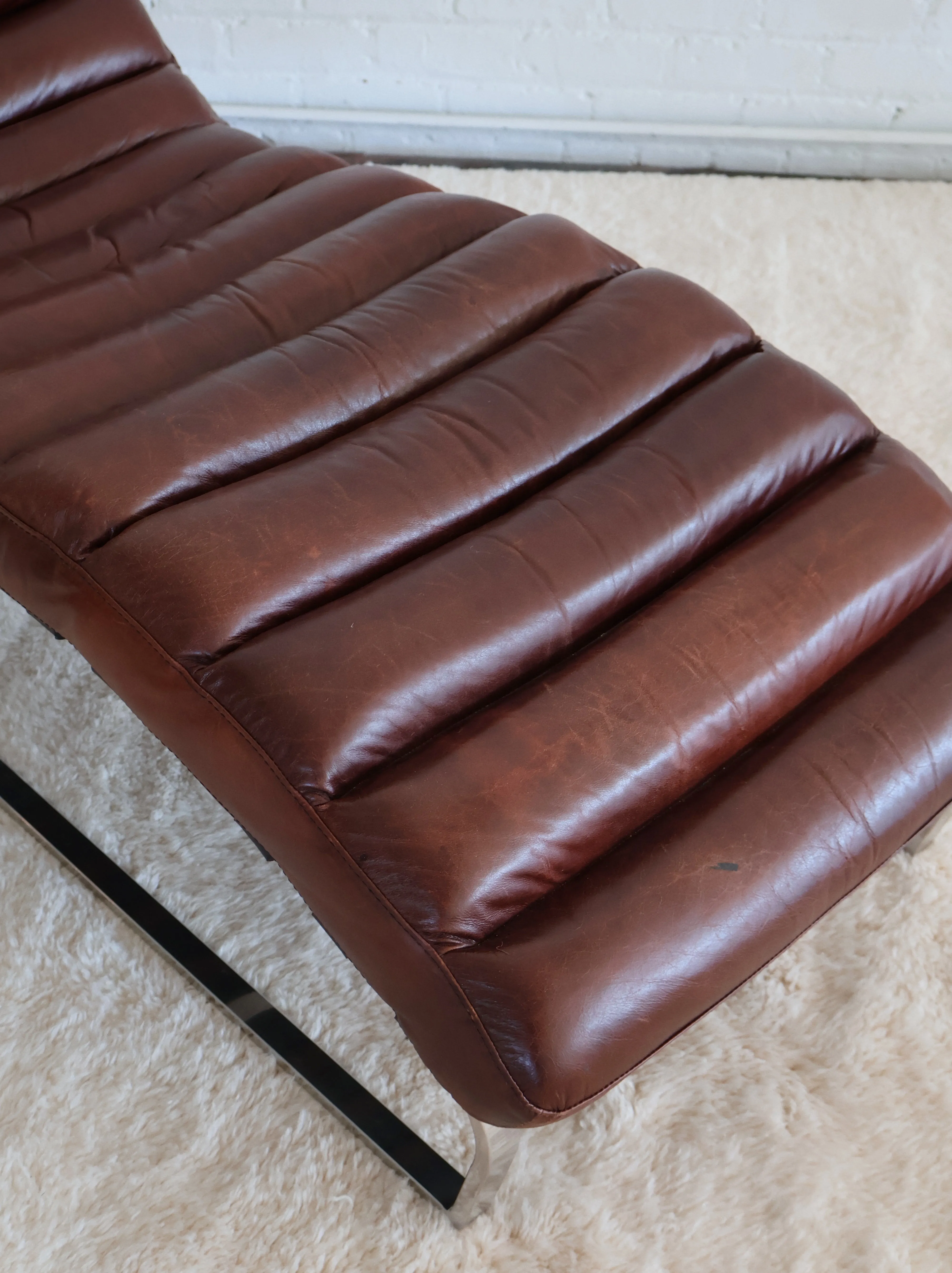 Vintage Chestnut Leather & Chrome Chaise Lounge