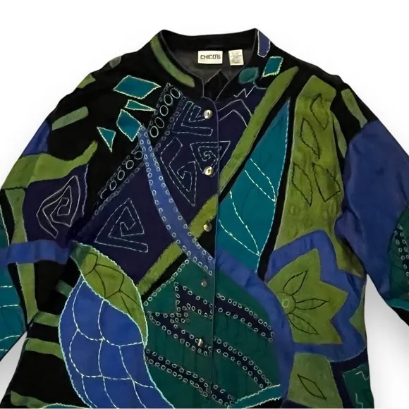 Vintage Chicos Boho Jacket Silk Rayon Art to Wear Appliqué Long size 2/US Large