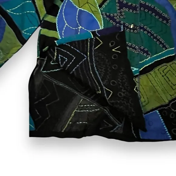 Vintage Chicos Boho Jacket Silk Rayon Art to Wear Appliqué Long size 2/US Large
