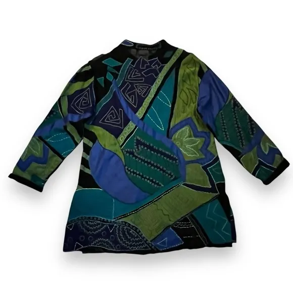 Vintage Chicos Boho Jacket Silk Rayon Art to Wear Appliqué Long size 2/US Large