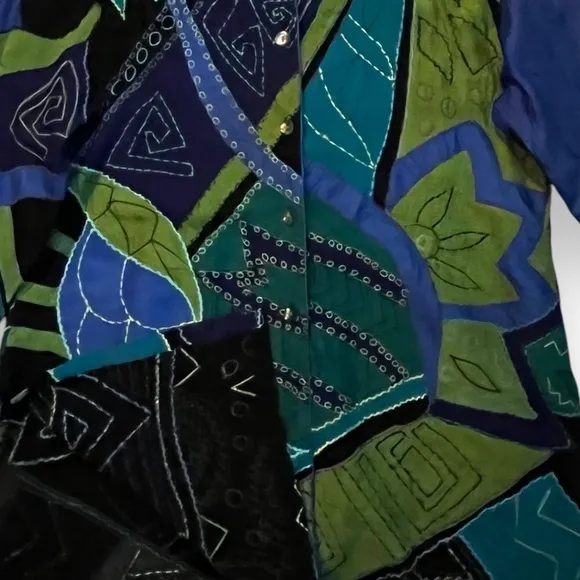 Vintage Chicos Boho Jacket Silk Rayon Art to Wear Appliqué Long size 2/US Large