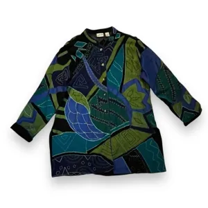 Vintage Chicos Boho Jacket Silk Rayon Art to Wear Appliqué Long size 2/US Large