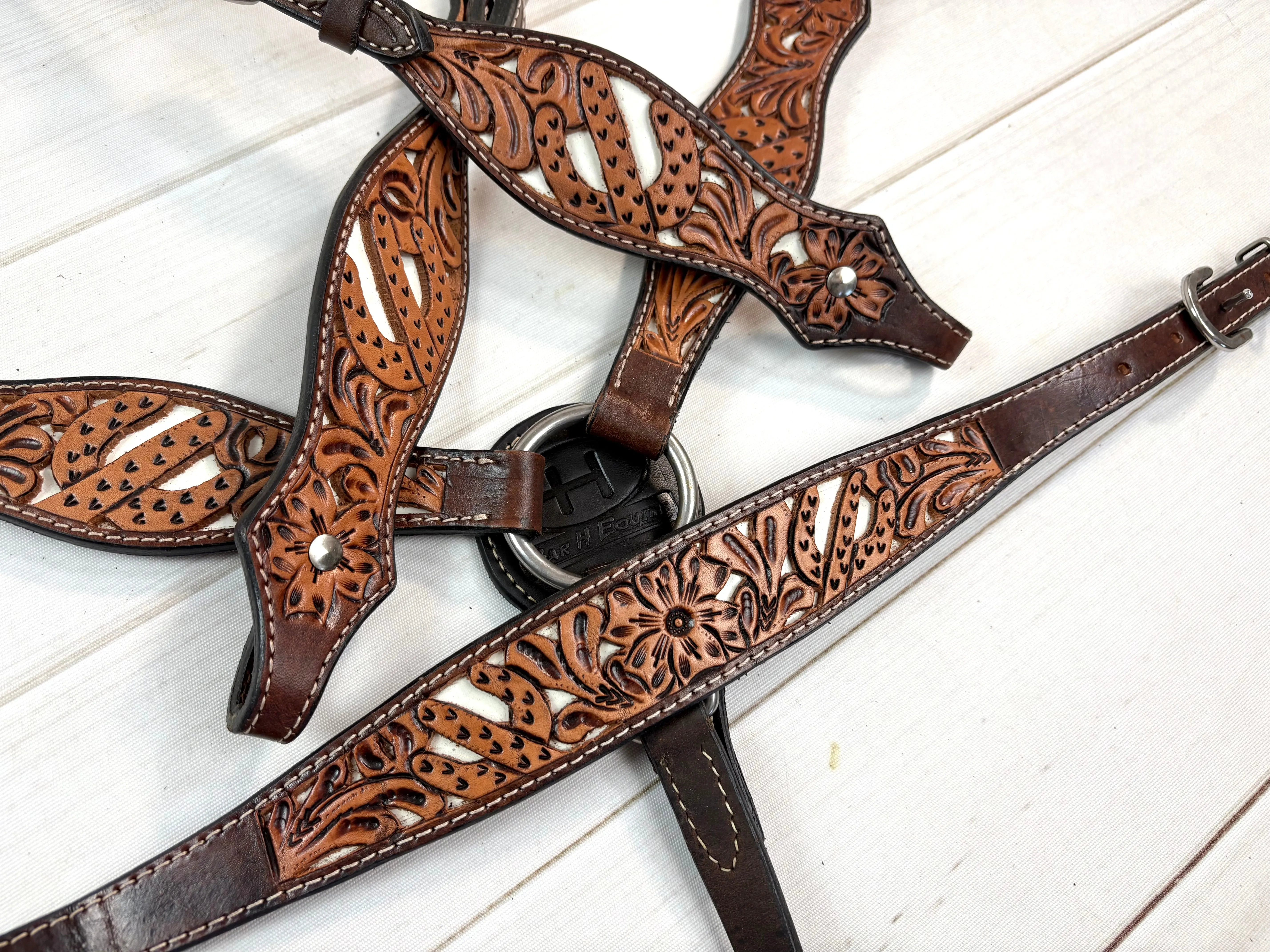 White Cactus Leather Tooled Tack Set