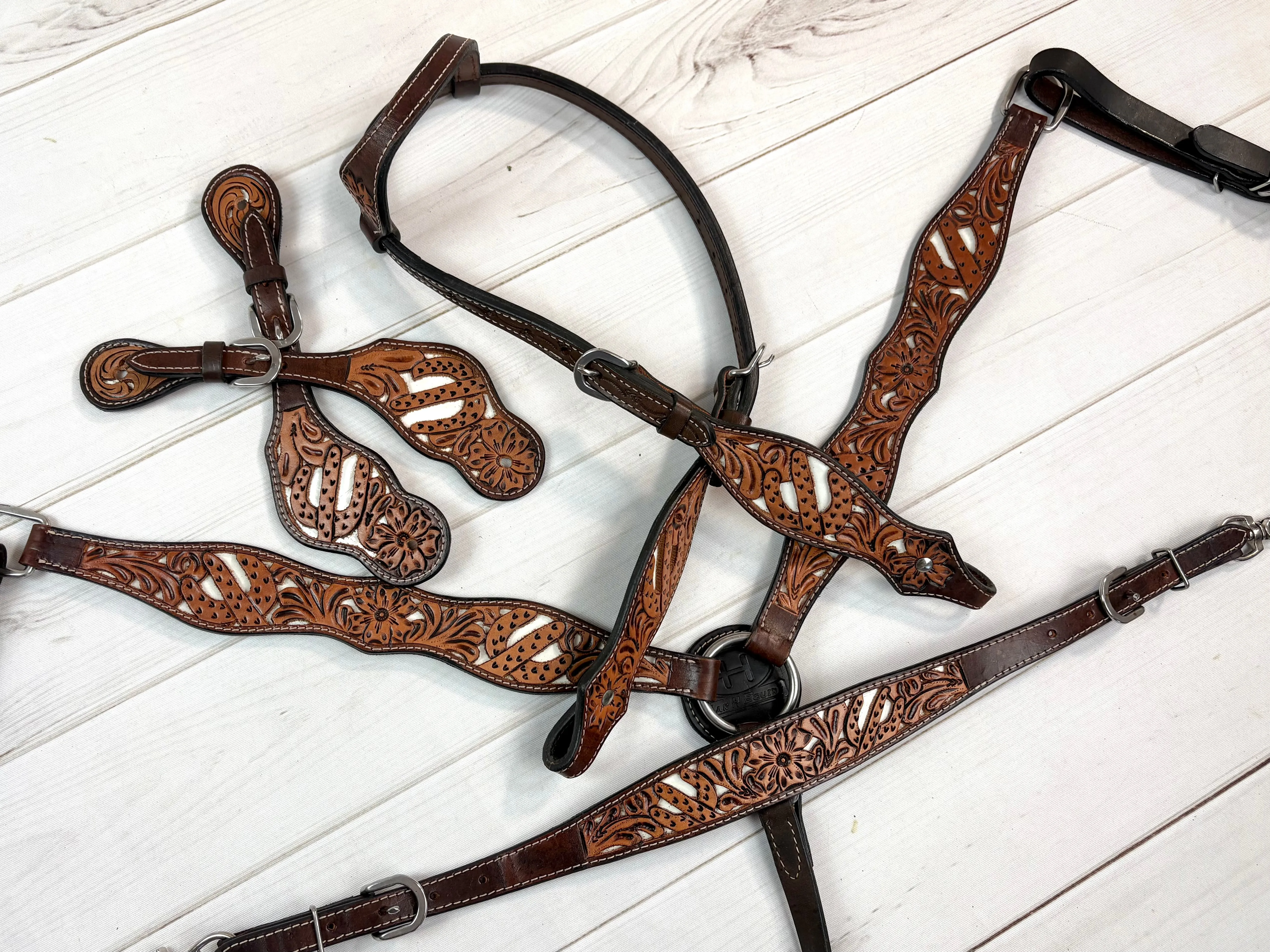 White Cactus Leather Tooled Tack Set