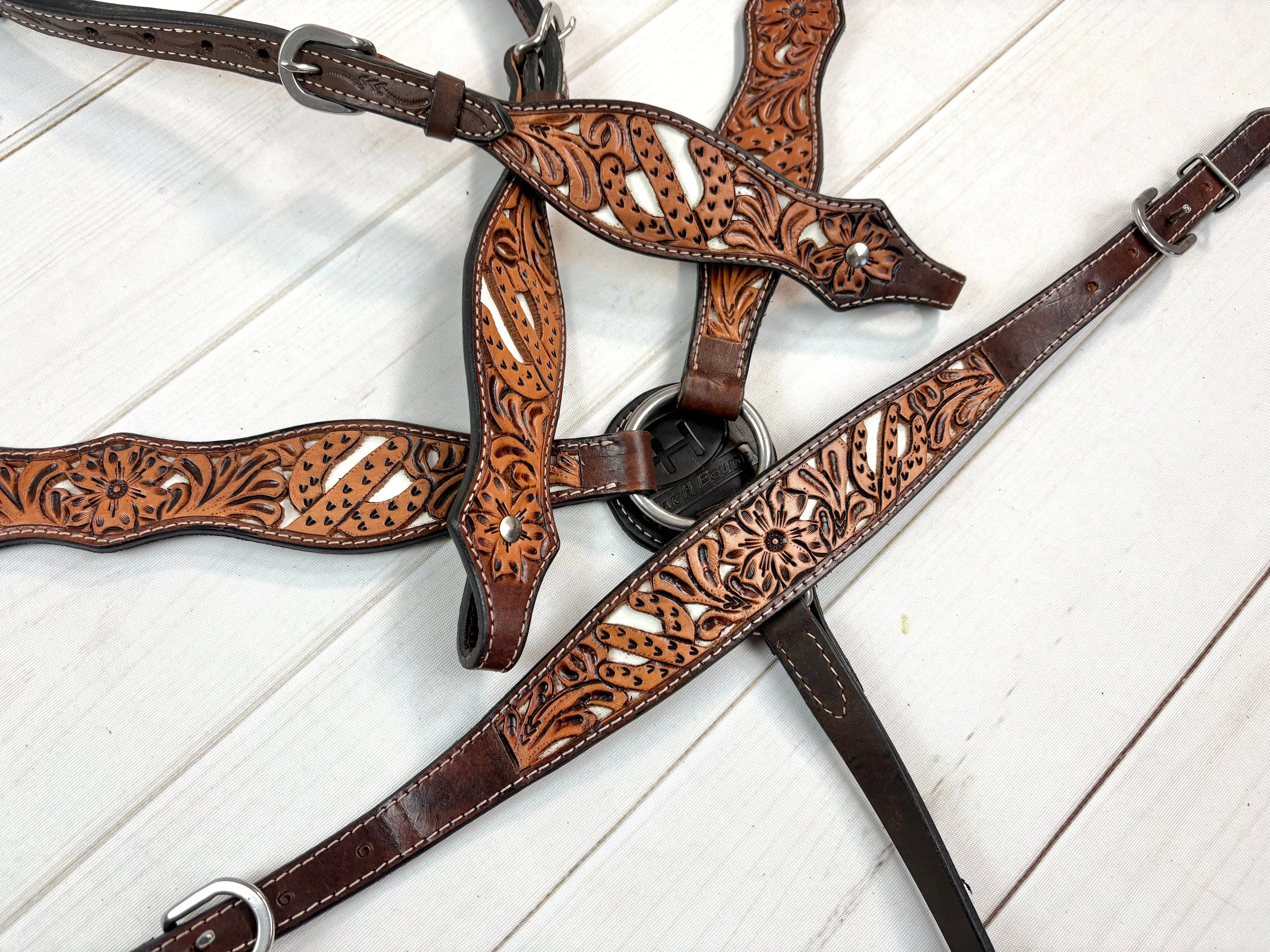 White Cactus Leather Tooled Tack Set