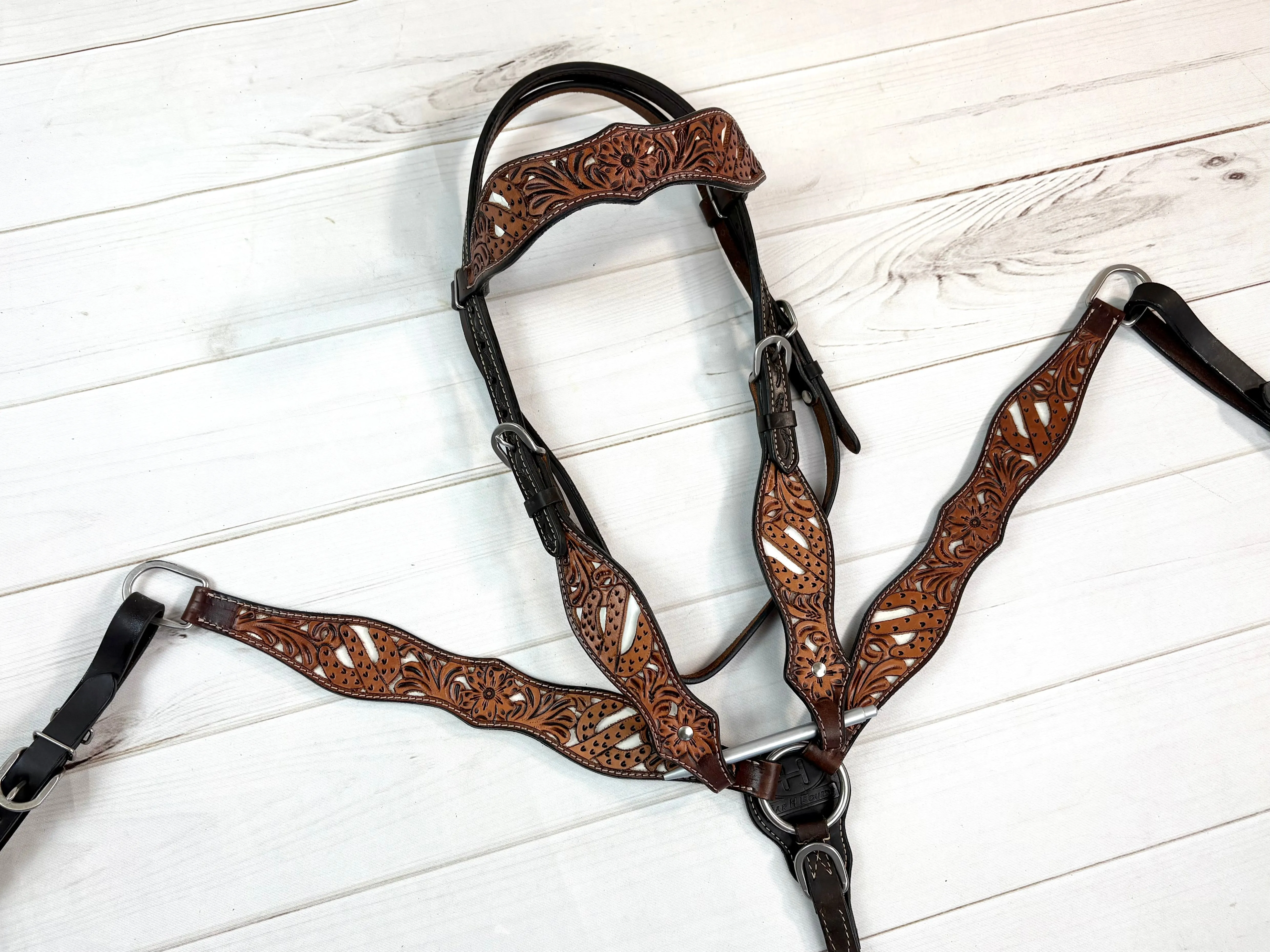 White Cactus Leather Tooled Tack Set