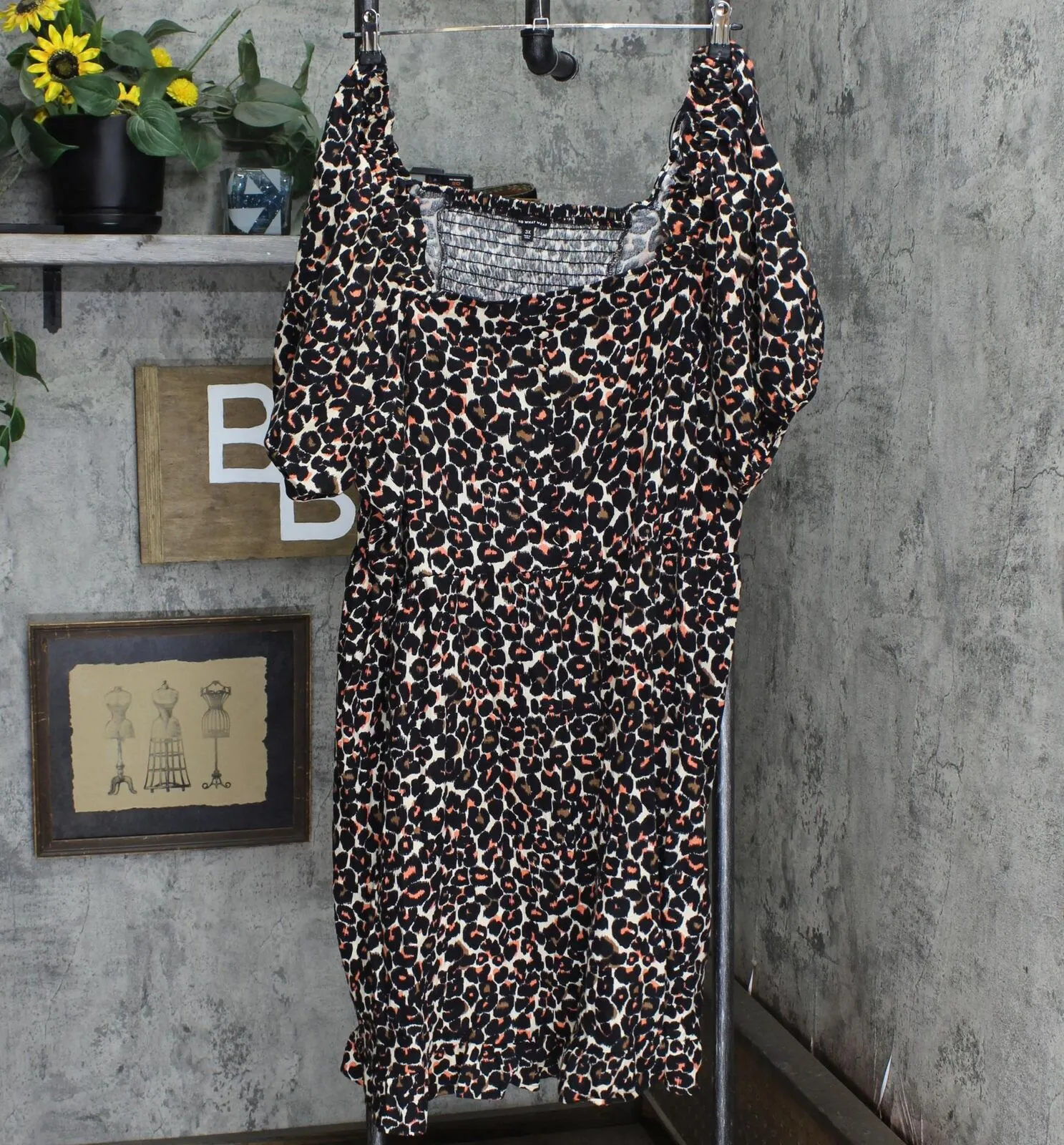 Who What Wear Dress Square Neck Puff Sleeve Leopard Print Sketched Leopard 3X