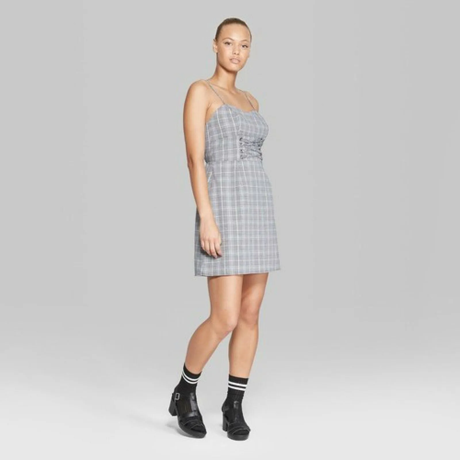 Wild Fable Women's Plaid Strappy Lace Up Waist Woven Dress
