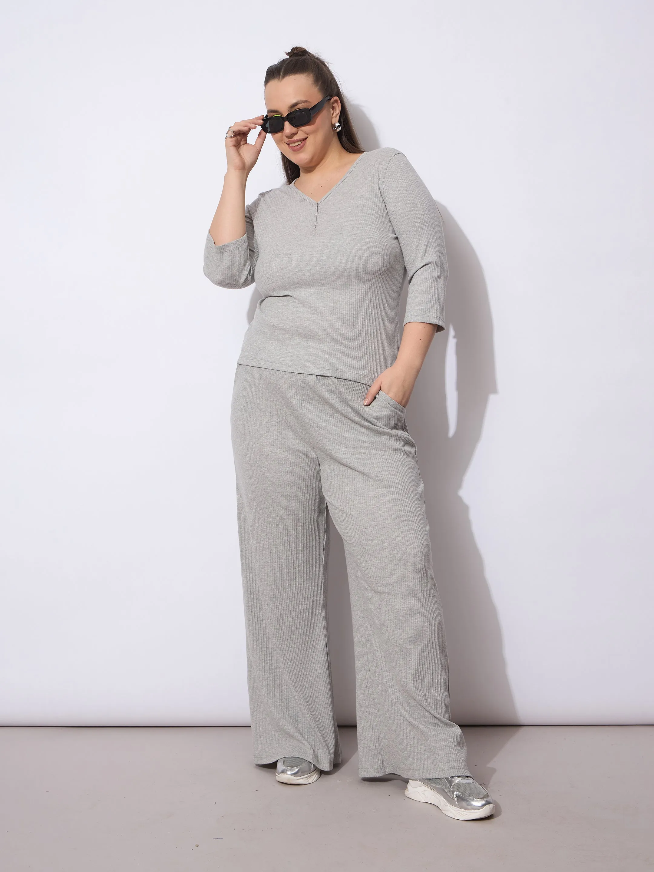 Women Grey Rib Drawstring Straight Pants