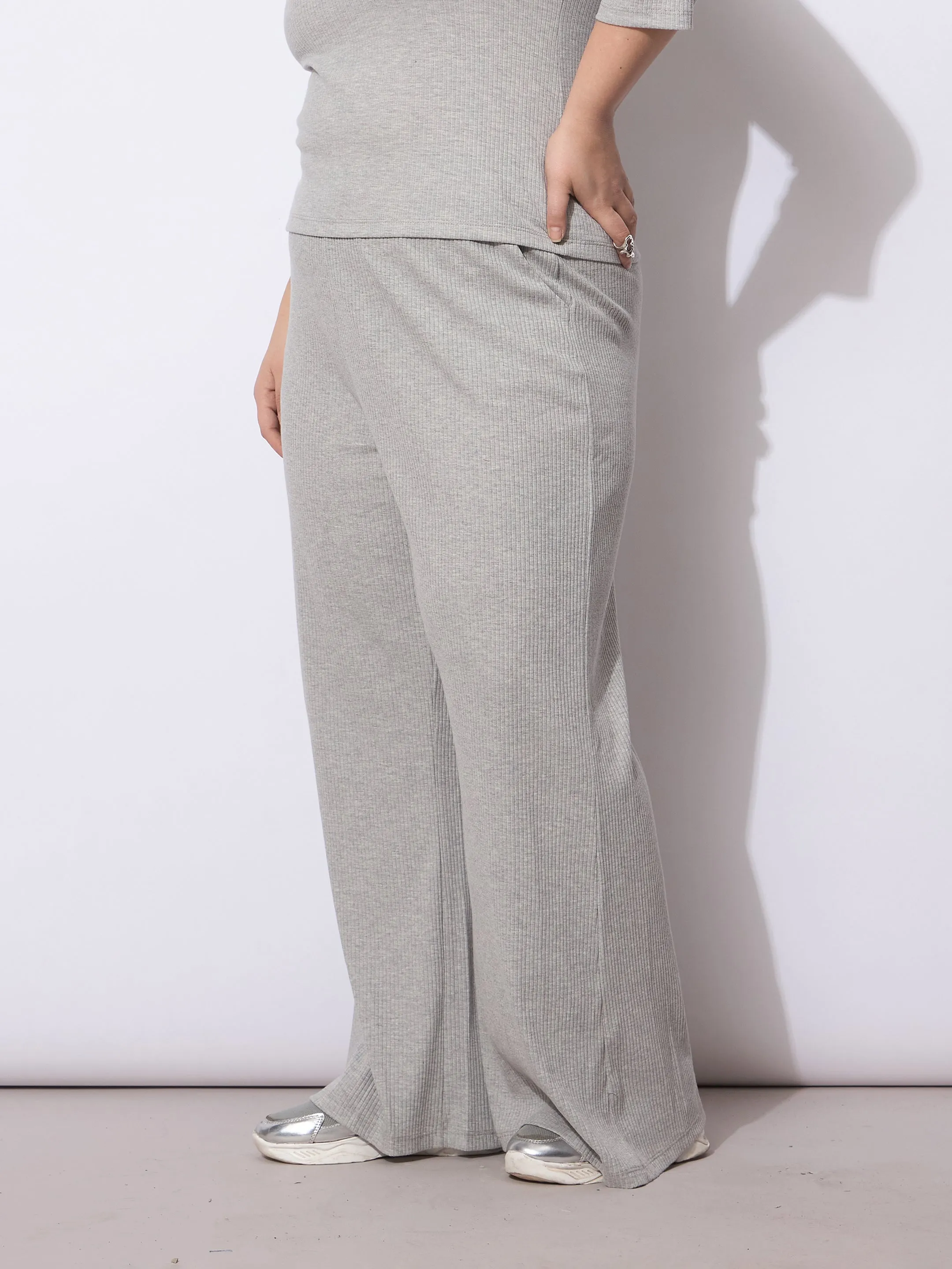Women Grey Rib Drawstring Straight Pants