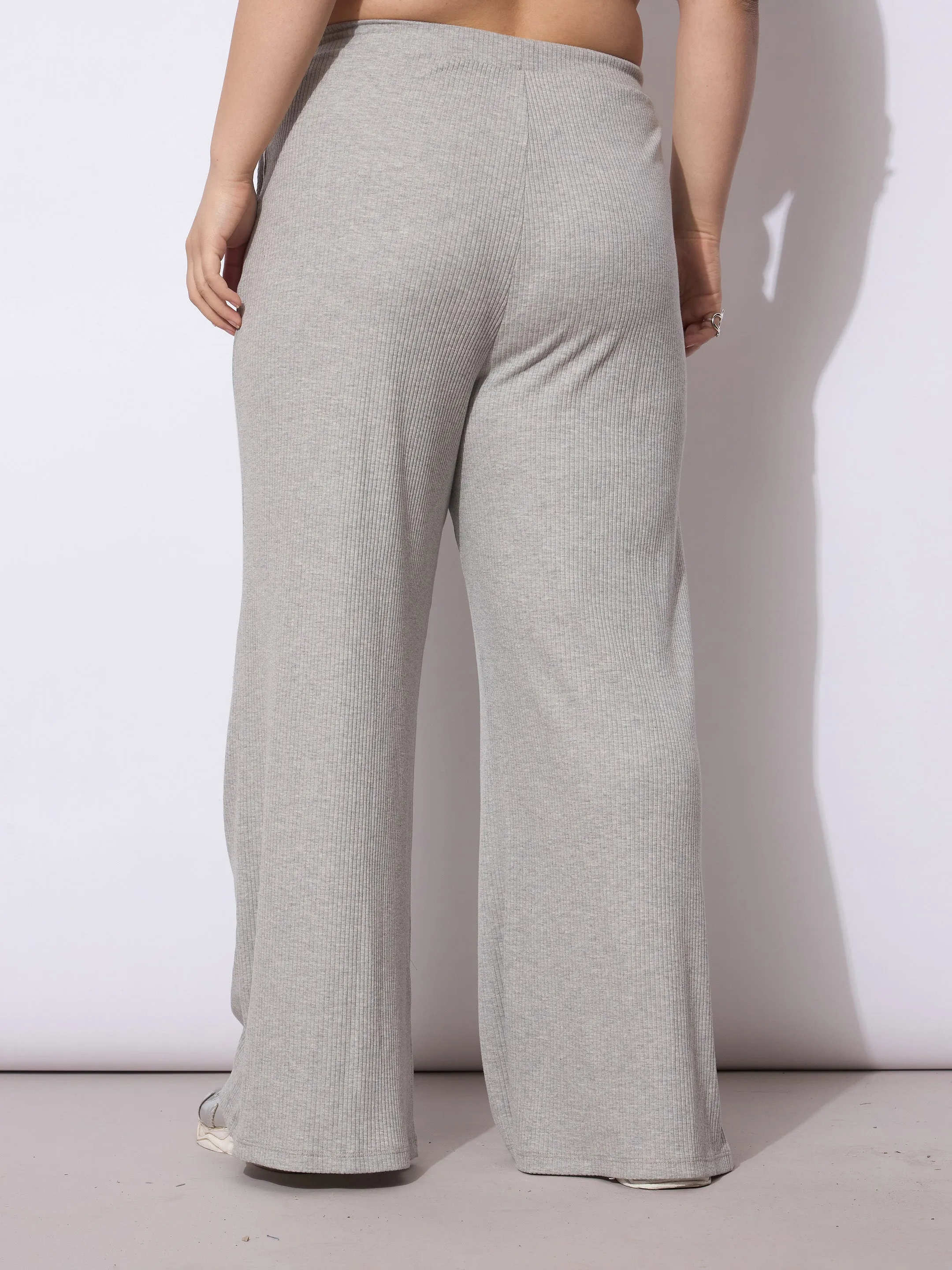 Women Grey Rib Drawstring Straight Pants