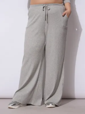 Women Grey Rib Drawstring Straight Pants