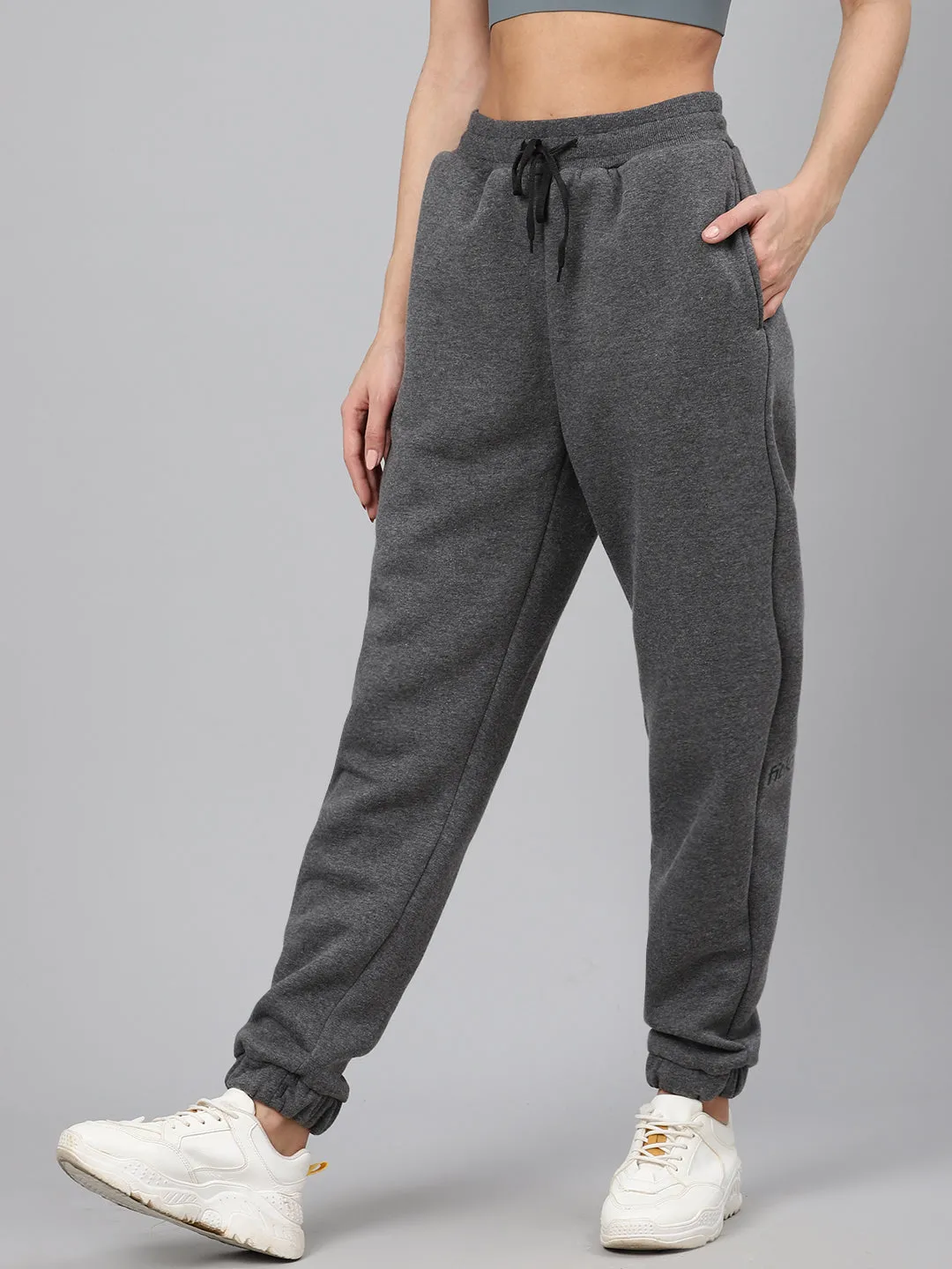Women's Charcoal Grey Solid Fleece Regular Fit Joggers