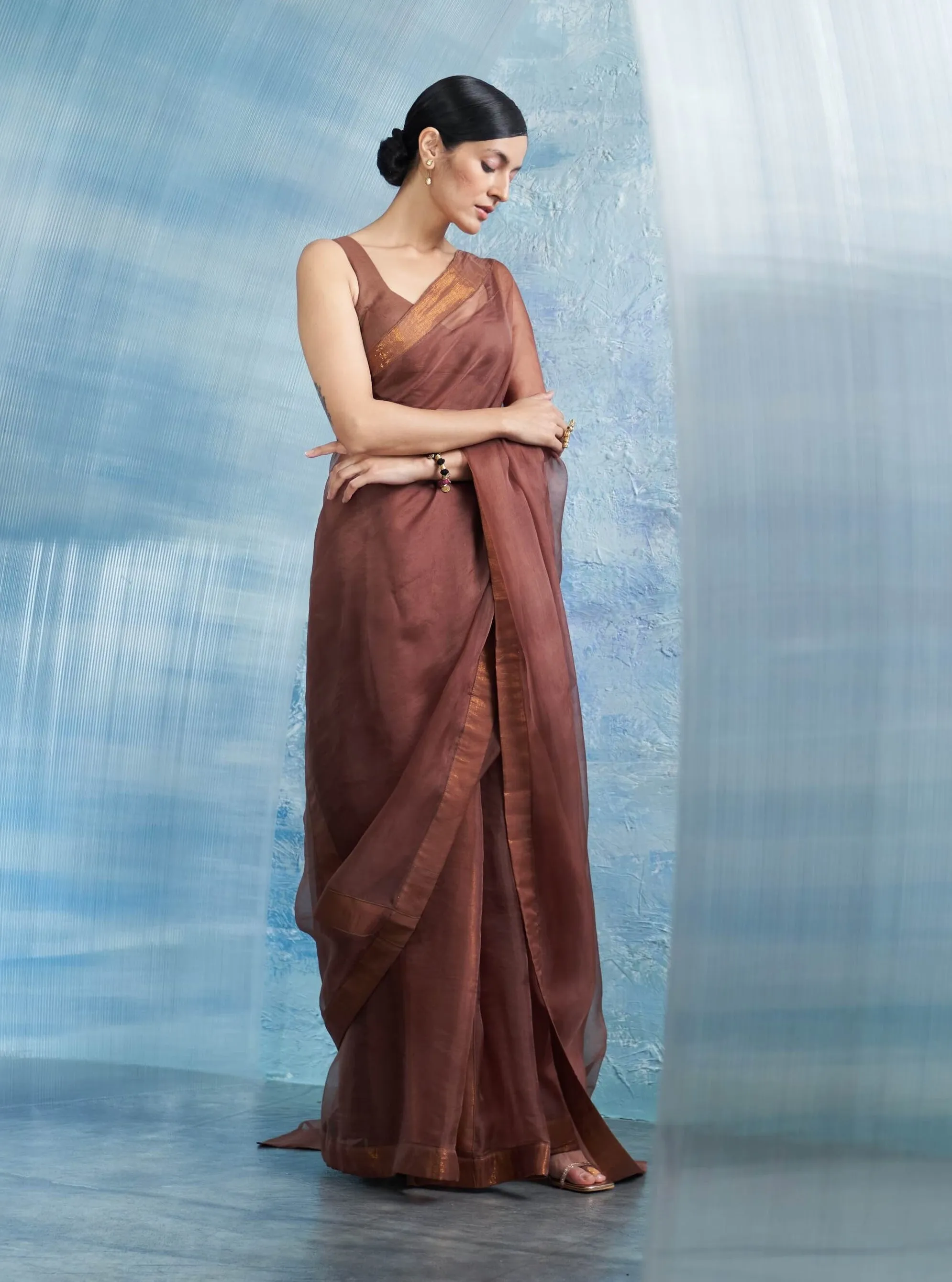 Woody brown organza sari set
