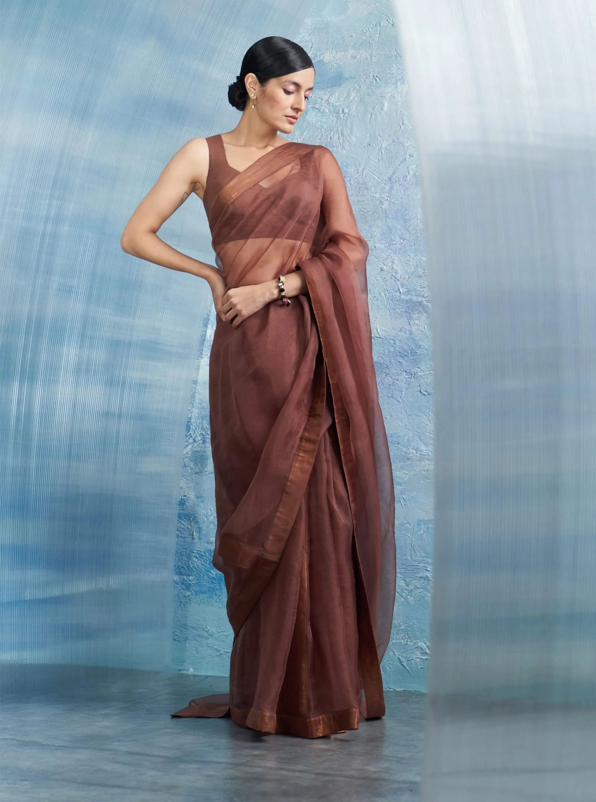 Woody brown organza sari set