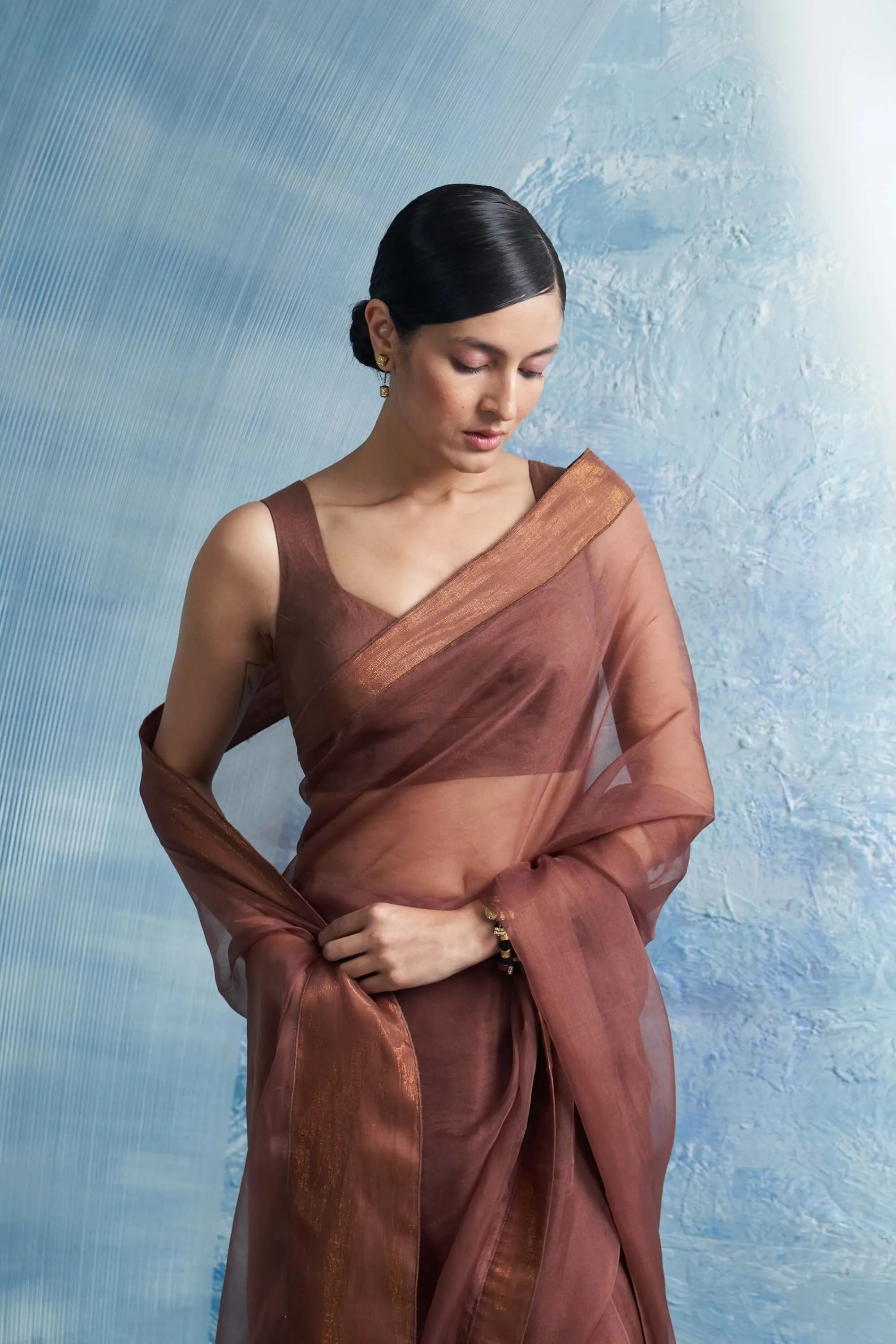 Woody brown organza sari set