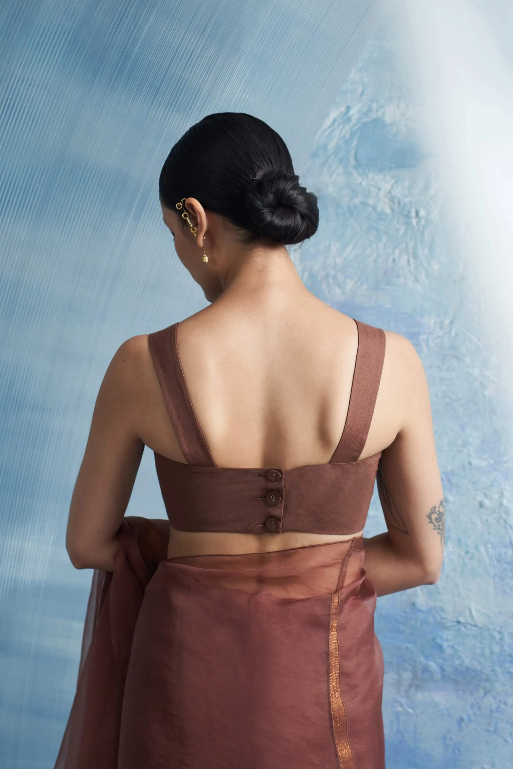 Woody brown organza sari set