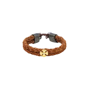 WOVEN BROWN LEATHER BRACELET WITH WHITE DIAMOND AND ROSE GOLD DETAILS