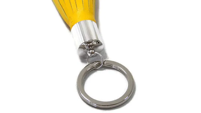 Yellow Lambskin Leather Tassel Keychain with Rhodium Plated Brass Top Free Gift Wrap