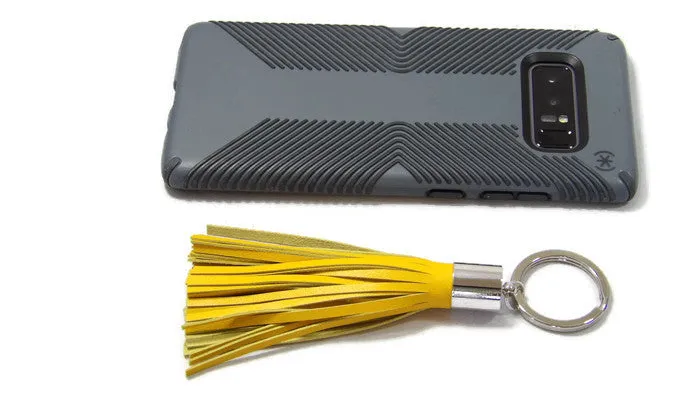 Yellow Lambskin Leather Tassel Keychain with Rhodium Plated Brass Top Free Gift Wrap
