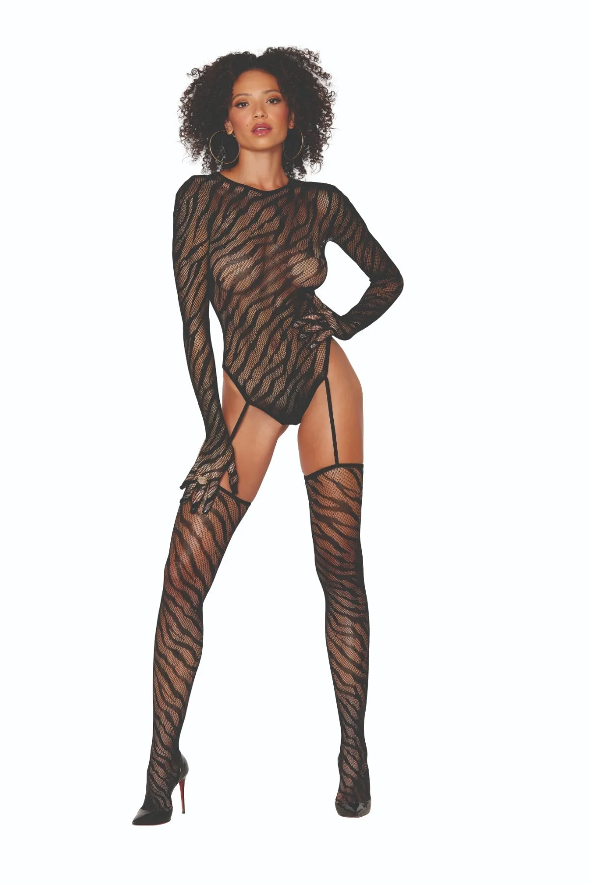 Zebra Print Teddy Bodystocking with Build-In Gloves